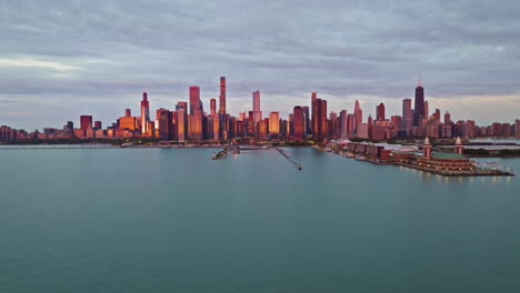 flying over lake michigan toward the lakefront and the chicago river - aerial view