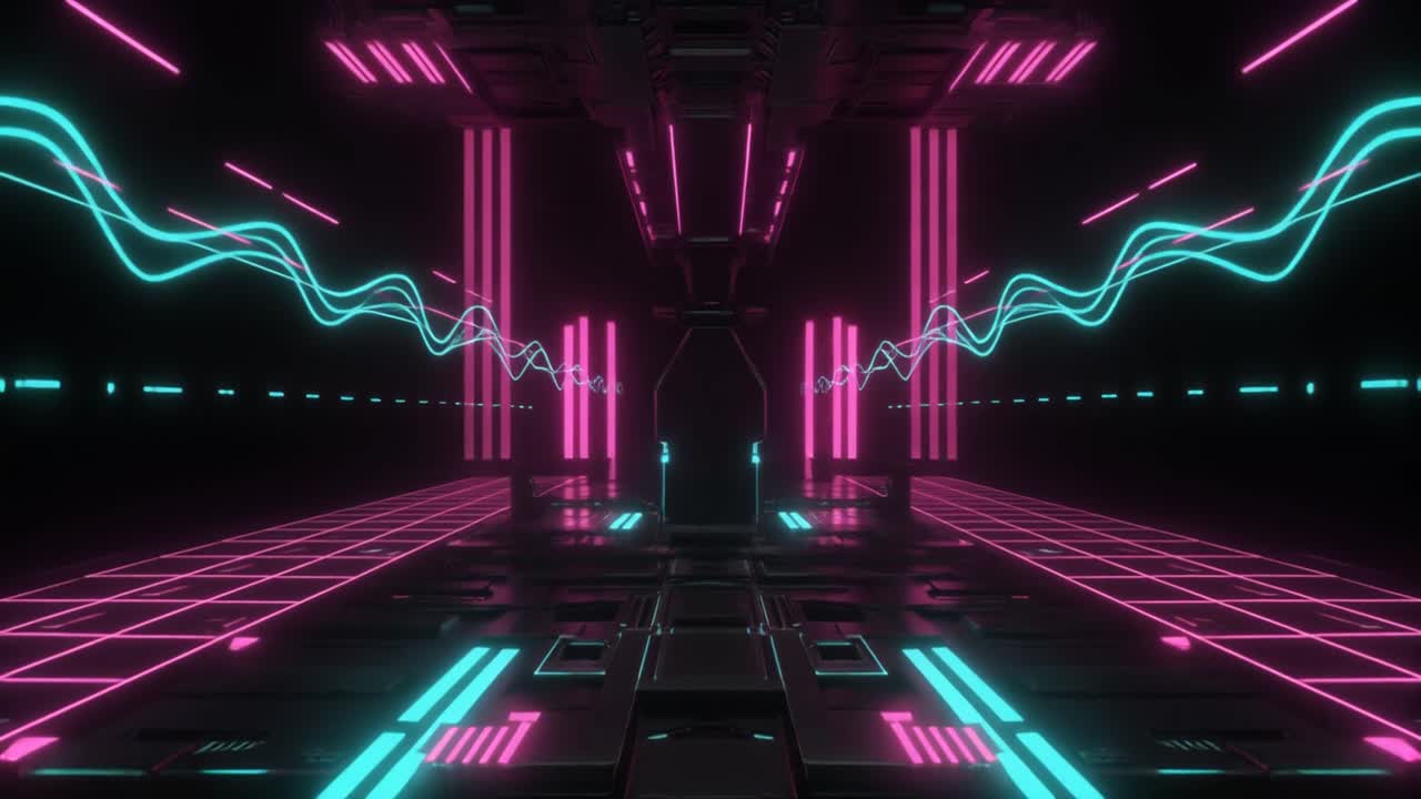 Tunnel Cyberpunk Neon Futuristico con Equalizzatore Luminoso e Griglia