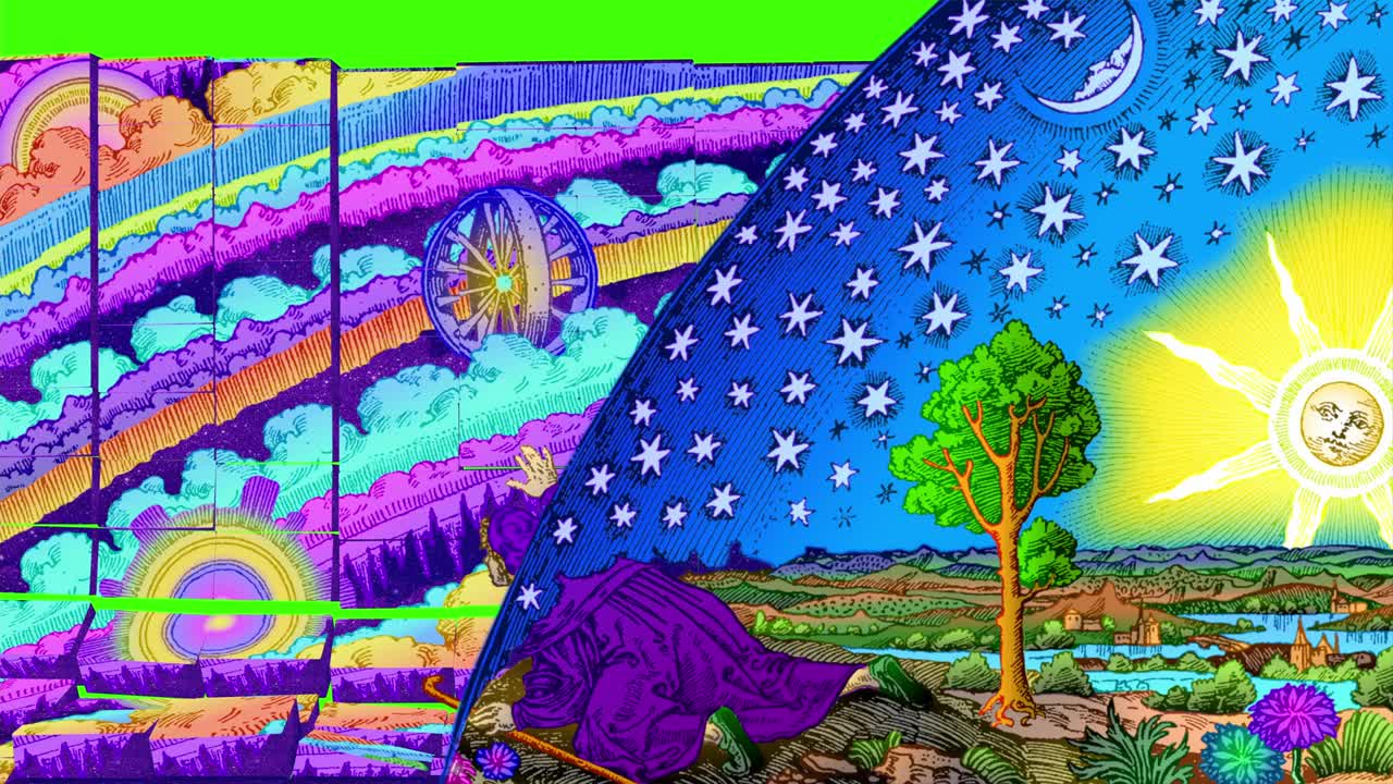 un dibujo de flammarion de colores del dominio público blanco y negro original uno. el árbol está agitando y el lado izquierdo se rompe en bloques que pared y revelan la pantalla verde.