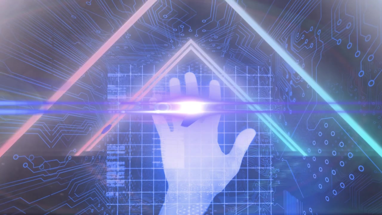 Animation of data processing and light trails over black background