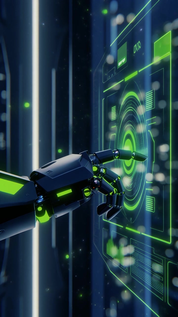 Mano robotica che interagisce con un'interfaccia digitale futuristica