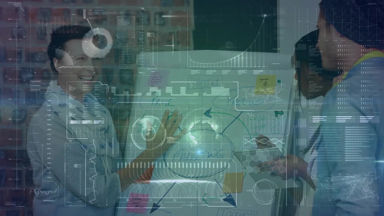 Animation of data processing over diverse business people using phone headsets
