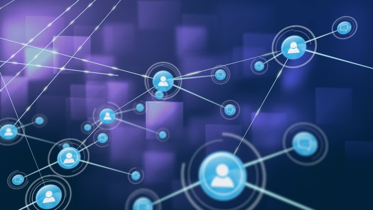 Animation of network of connections with icons over shapes on black background