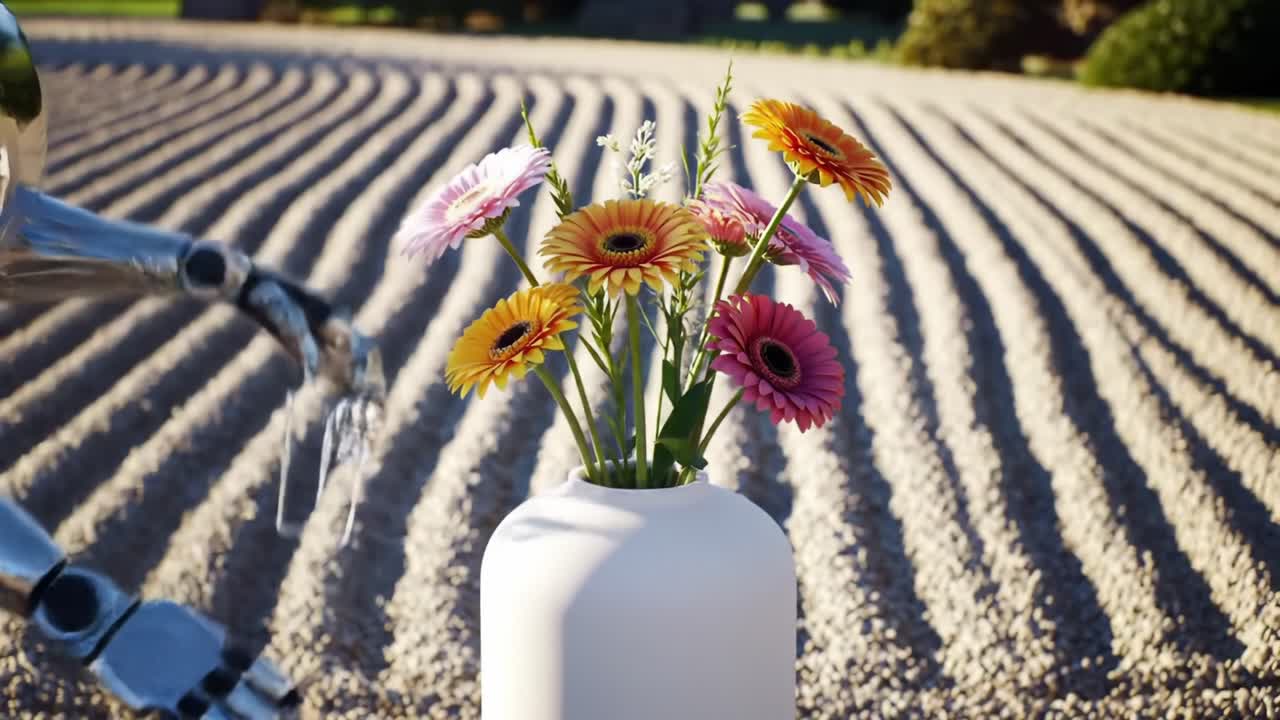 A Robotic Hand Artistically Arranges Gerbera Daisies in a Modern Vase Against a Textured Gravel Landscape, Showcasing the Harmony of Nature and Technology