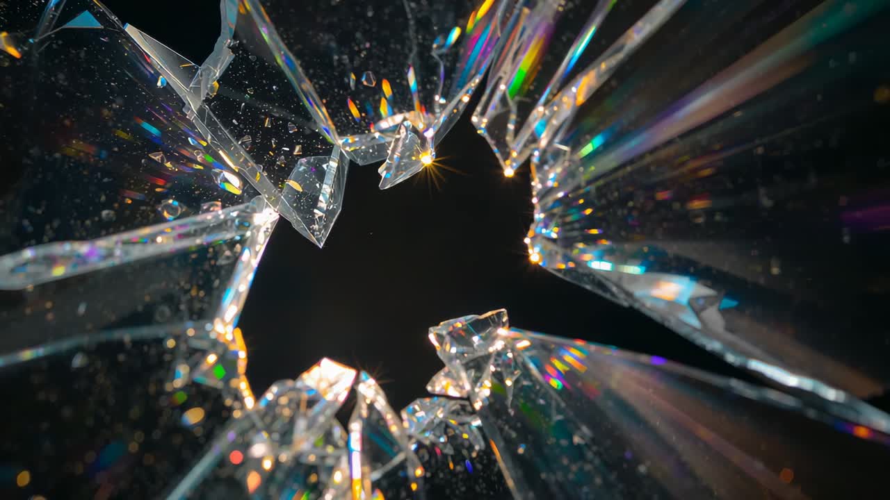 Bordo di vetro frantumato e scintillante che cattura la luce mutevole contro il vuoto nero, rivelando granelli