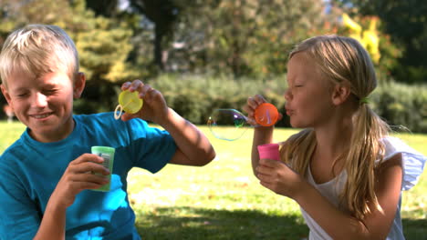 cheerful siblings having fun together with bubbles