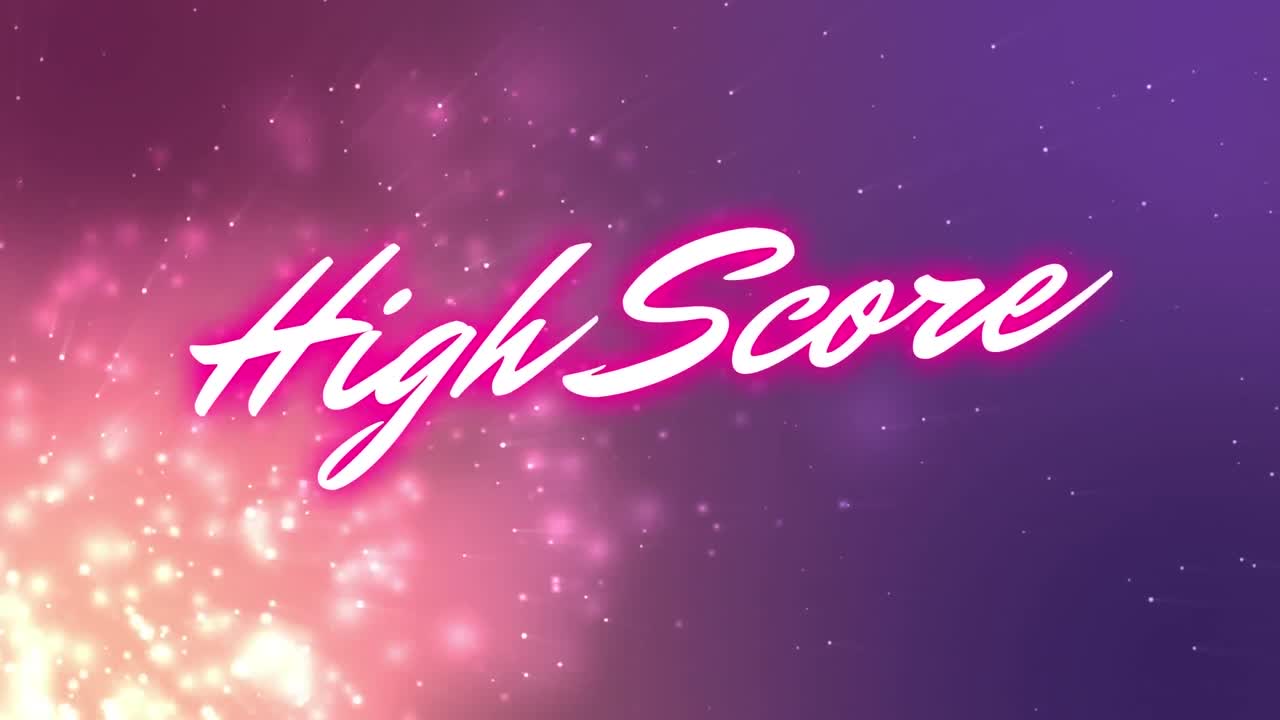 animación del texto de puntaje alto en letras blancas sobre puntos brillantes en un fondo de color rosa a púrpura