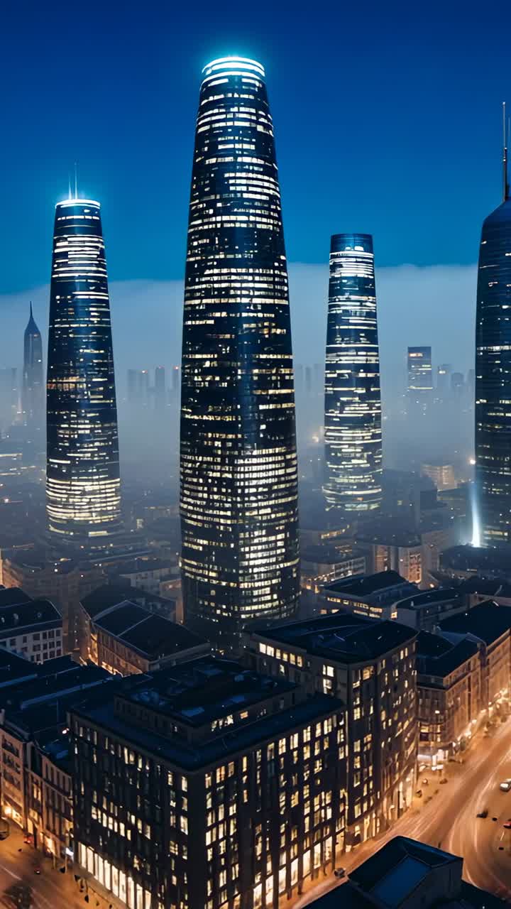 Vertical video: Rotating camera capturing cylindrical skyscrapers and fog in downtown at night