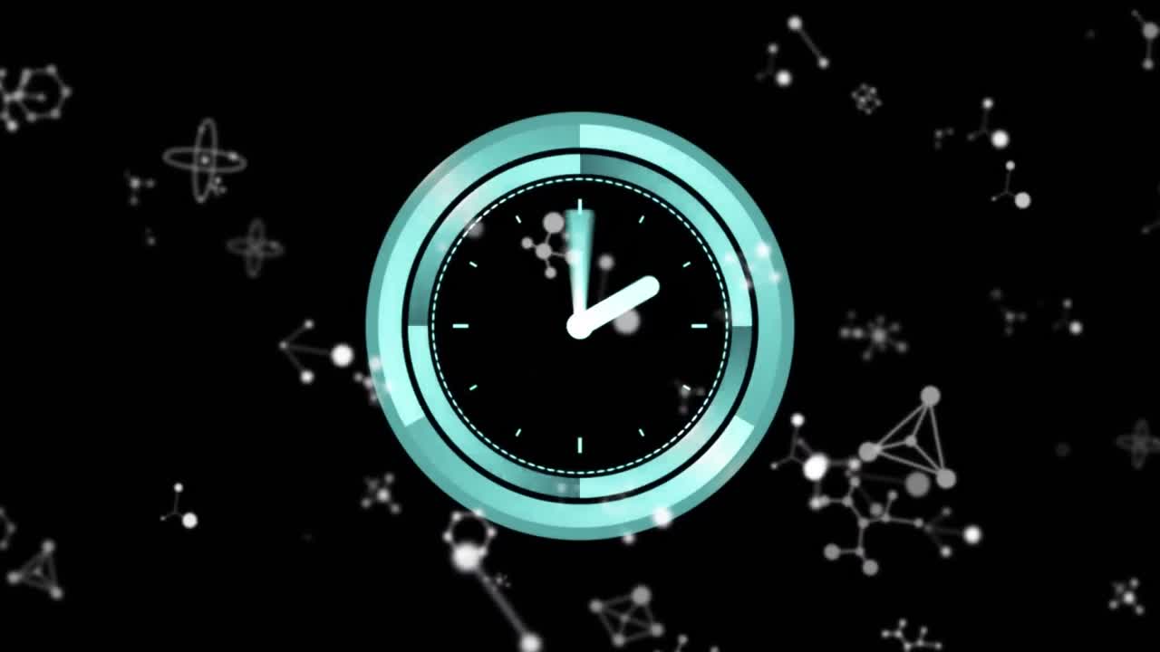 Animation of moving white connections and clock over black background