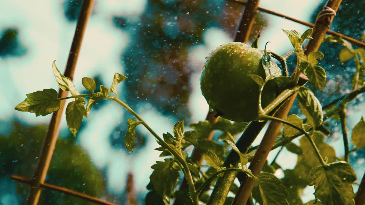 채소밭에 물을 주고 있는 토마토