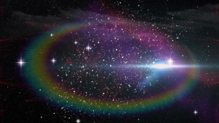 Red sphere appearing wireframe torus rotating nebula streaming ring forming showcasing starburst