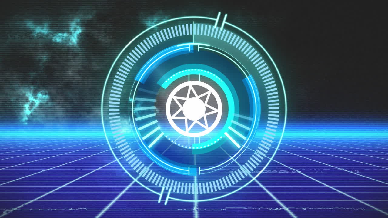 검은 바탕에 그리드 위의 태양 기호와 파동과 함께 범위 스캐닝의 애니메이션