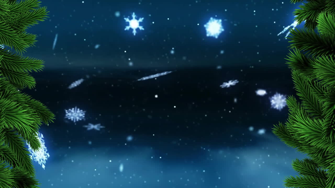 Snowflakes falling animation over winter landscape with green pine branches