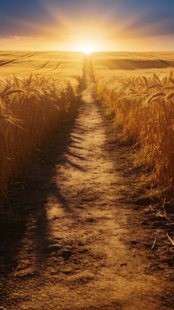 Vídeo vertical: Sol nascente iluminando caminho de terra em terras agrícolas, alongando sombras, trigo ondulando.