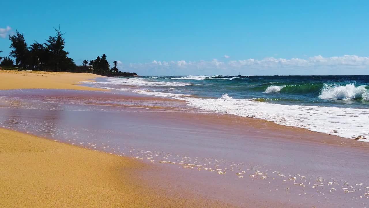 HD Hawaii Kauai slow motion low shot trucking in along beach with ocean on right and waves washing up from right to left along bottom of frame with mostly blue sky on a sunny day