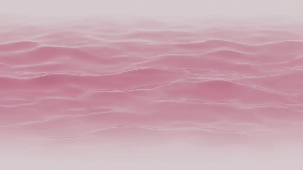 Marcos desplegándose mostrando olas rosas estilizadas que se acercan al nivel del agua, horizonte tenue, cielo suave