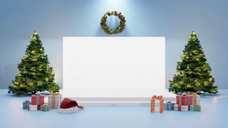 Festliche-Feiertagsanzeige-Mit-Weihnachtsdekorationsmodell-Auf-Blauem-Hintergrund