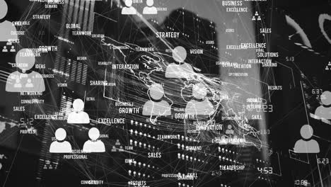 animation of financial data processing over cityscape