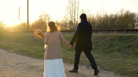 a beautiful wedding couple walks hand-in-hand at sunset, captured from behind in warm light.