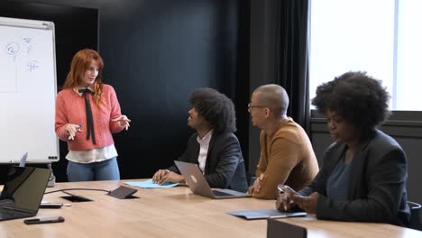 businesswoman giving presentation to diverse colleagues in conference room