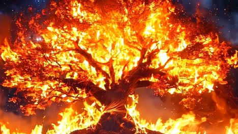 a large tree in the middle of a fire