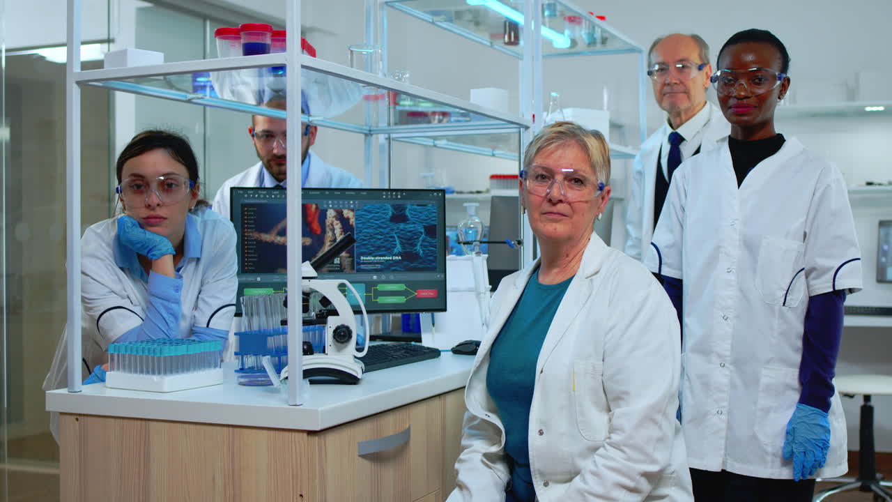 Team of multiethnic scientists sitting in laboratory looking at camera