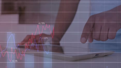 animación del procesamiento de datos financieros sobre el hombre caucásico usando una tableta.