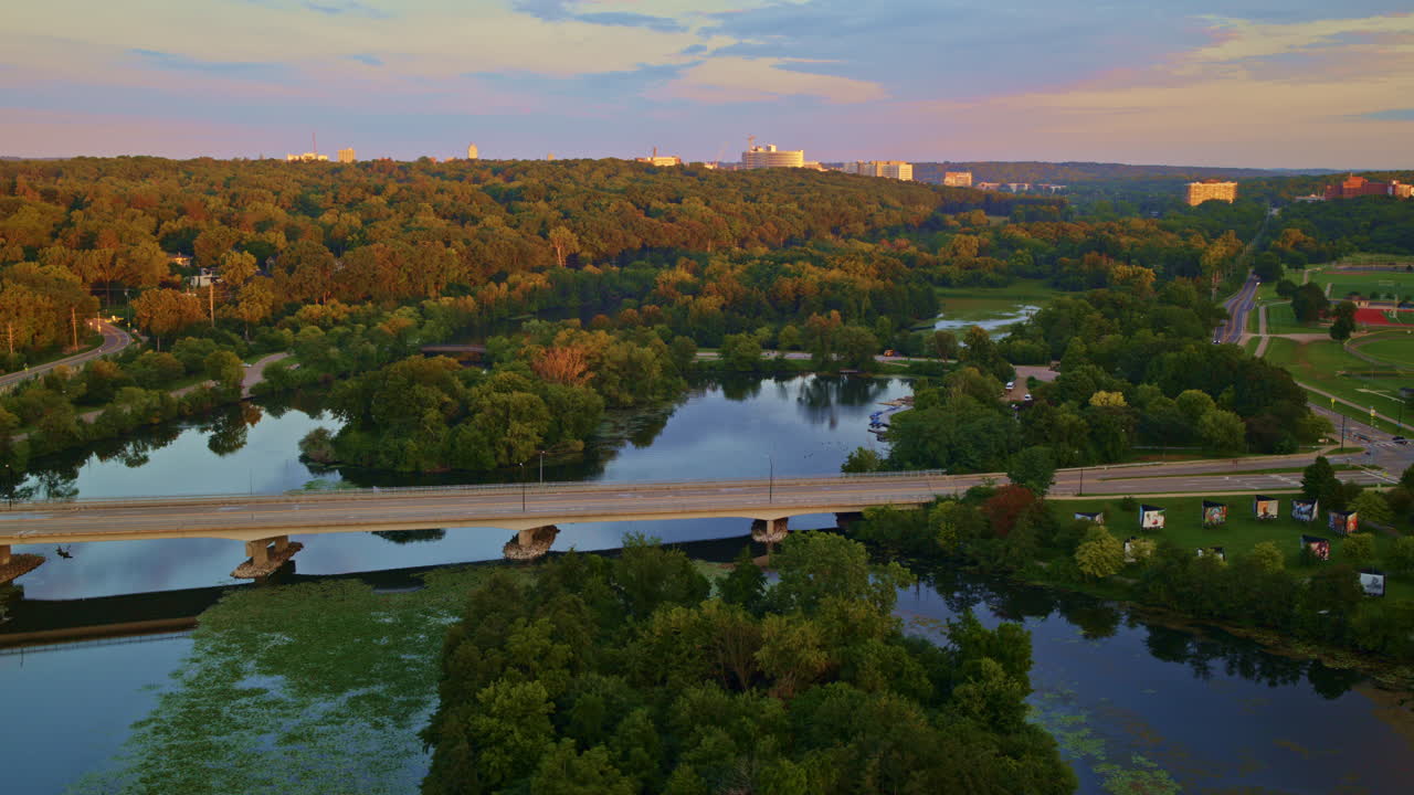 Aerial View of a City Park at Sunset