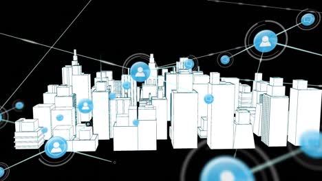 Animation-of-network-of-connections-with-icons-over-3d-city-drawing