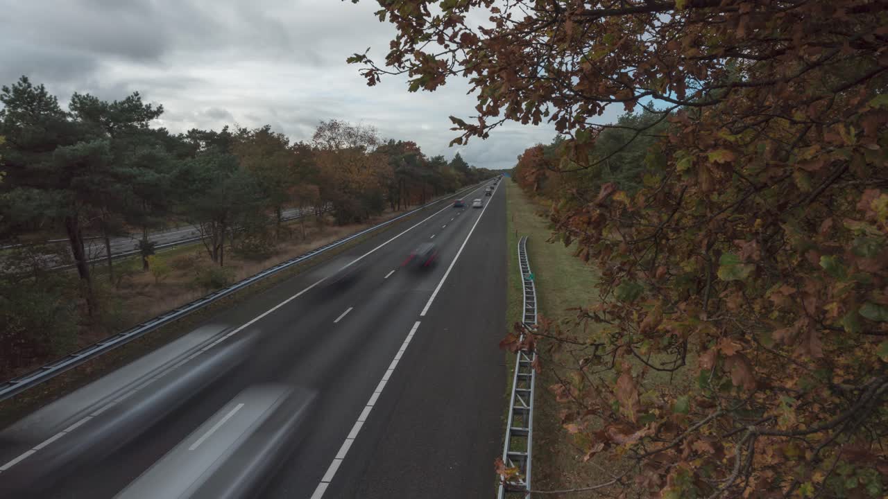 네덜란드 가을철 아스팔트 고속도로를 운전하는 차량