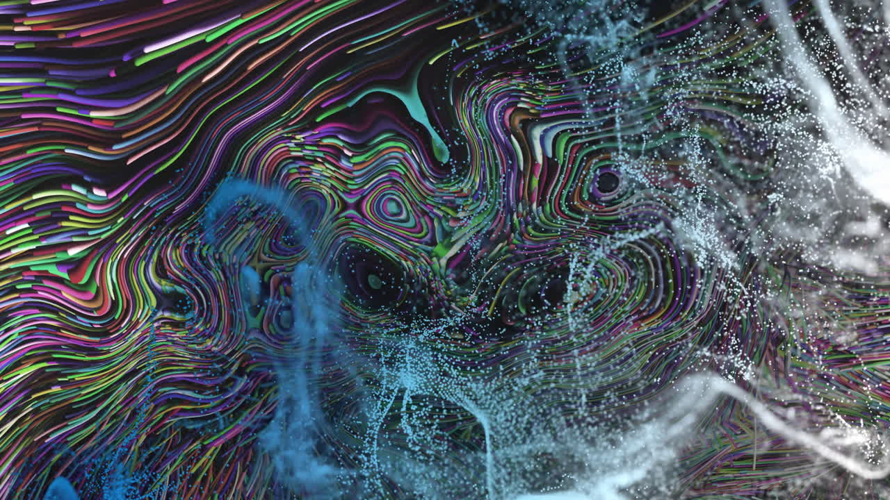 Animation of glowing blue mesh moving over waving multi coloured background