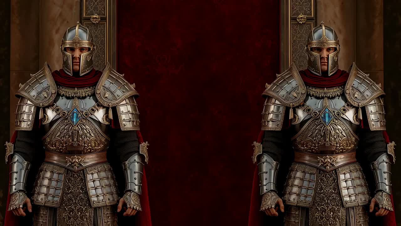 Camera zooming toward two guards in armor to reveal details in hall, red curtain, blue gem