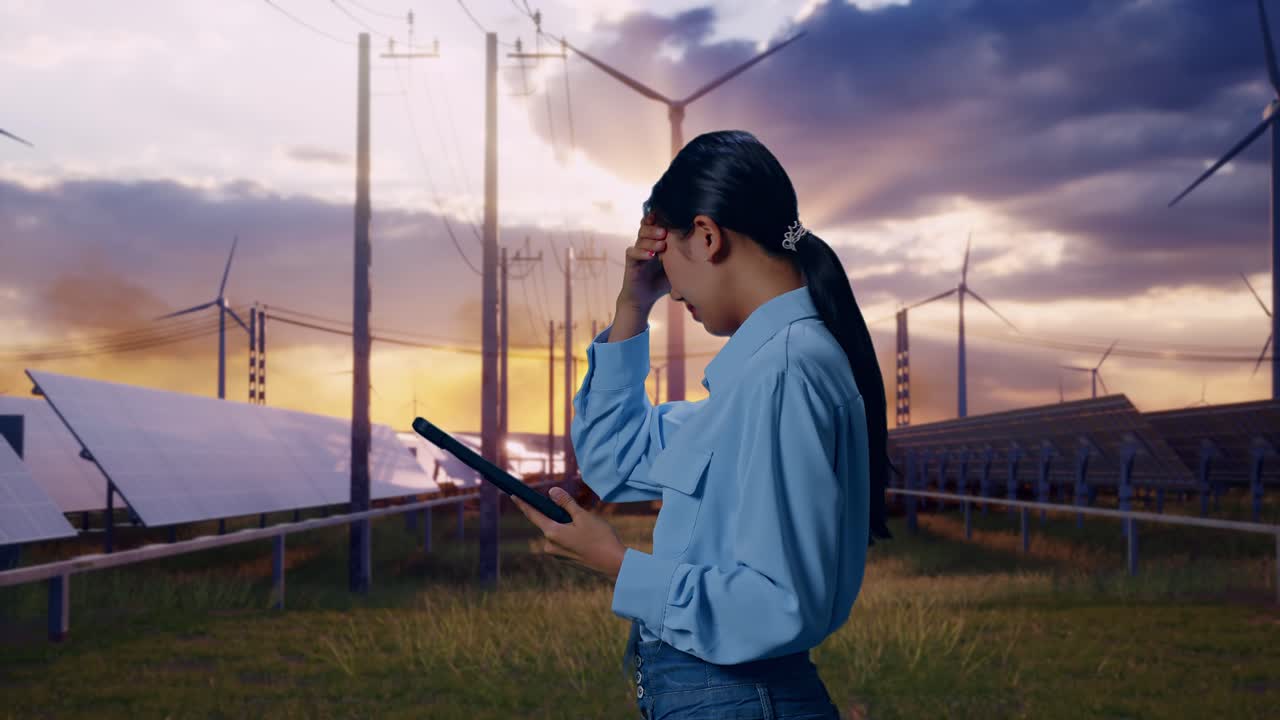 Side View Of Asian Female With Her Tablet With Solar Panel and Wind Turbines, Checking With Dissapionted And Nodding Her Shead