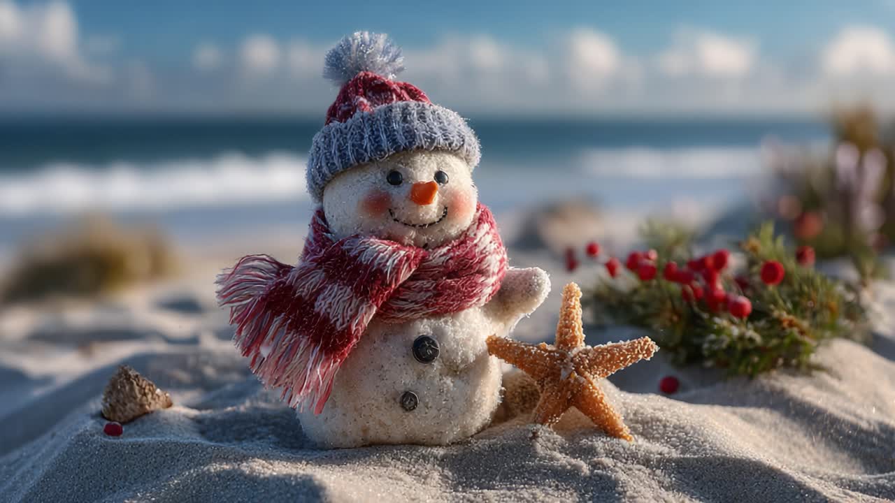 Charming Snowman on a Sandy Beach with Coastal Background: A Unique Fusion of Winter and Summer Elements in an Enchanting Seaside Scene