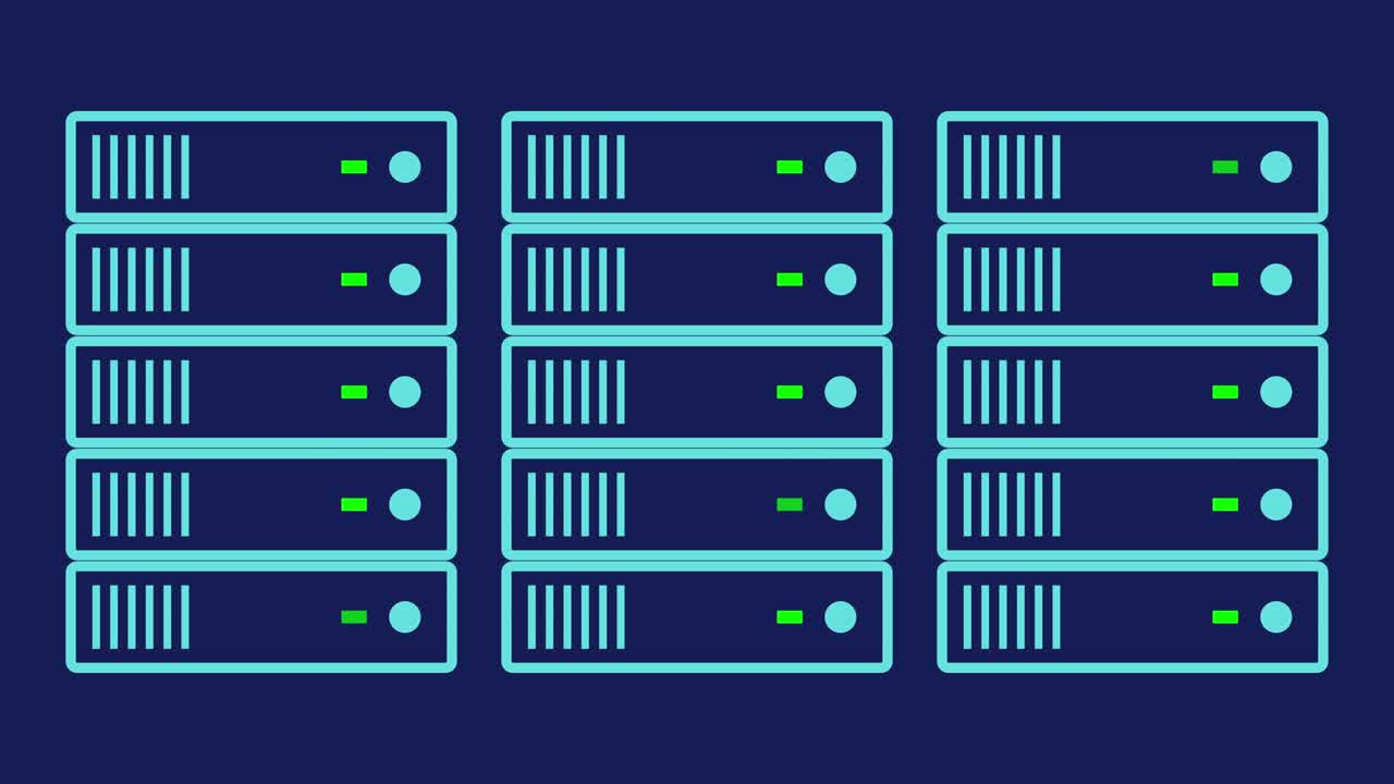 Blinking power lights on many rack-mounted servers (seamless loop, blue)
