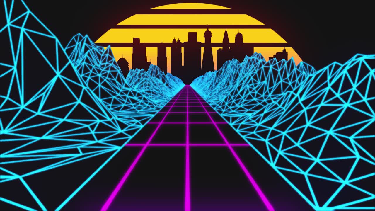 현대적인 도시, 태양, 반이는 별과 함께 세련된 빈티지 3d 애니메이션 배경 80년대 레트로 퓨투리스틱 sf 원활한 루프