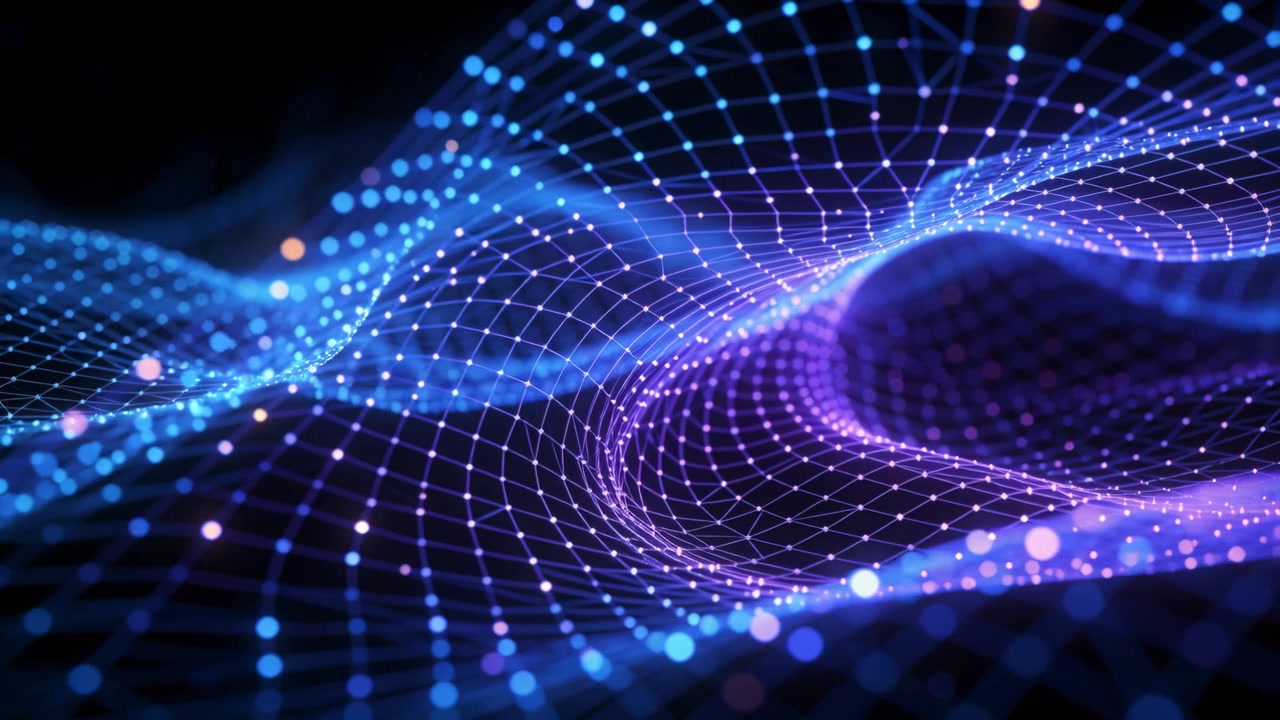 Loop start driving glowing grid rippling across black void, pulsing purple trough, nodes, bokeh