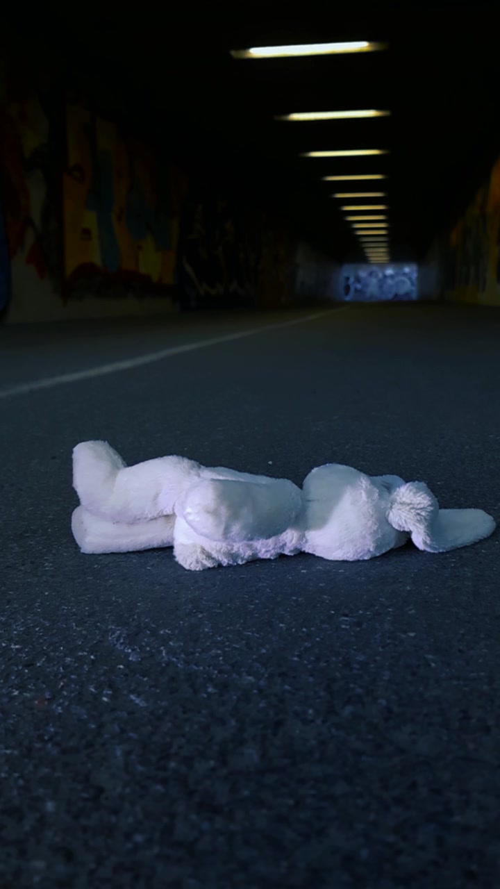 Abandoned white stuffed bunny toy lying alone on the asphalt of a long, dark, and empty urban tunnel with graffiti on the walls, creating a sense of sadness, loneliness, and loss