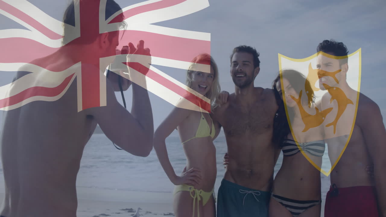 Group of friends posing for beach photo with flag overlay animation