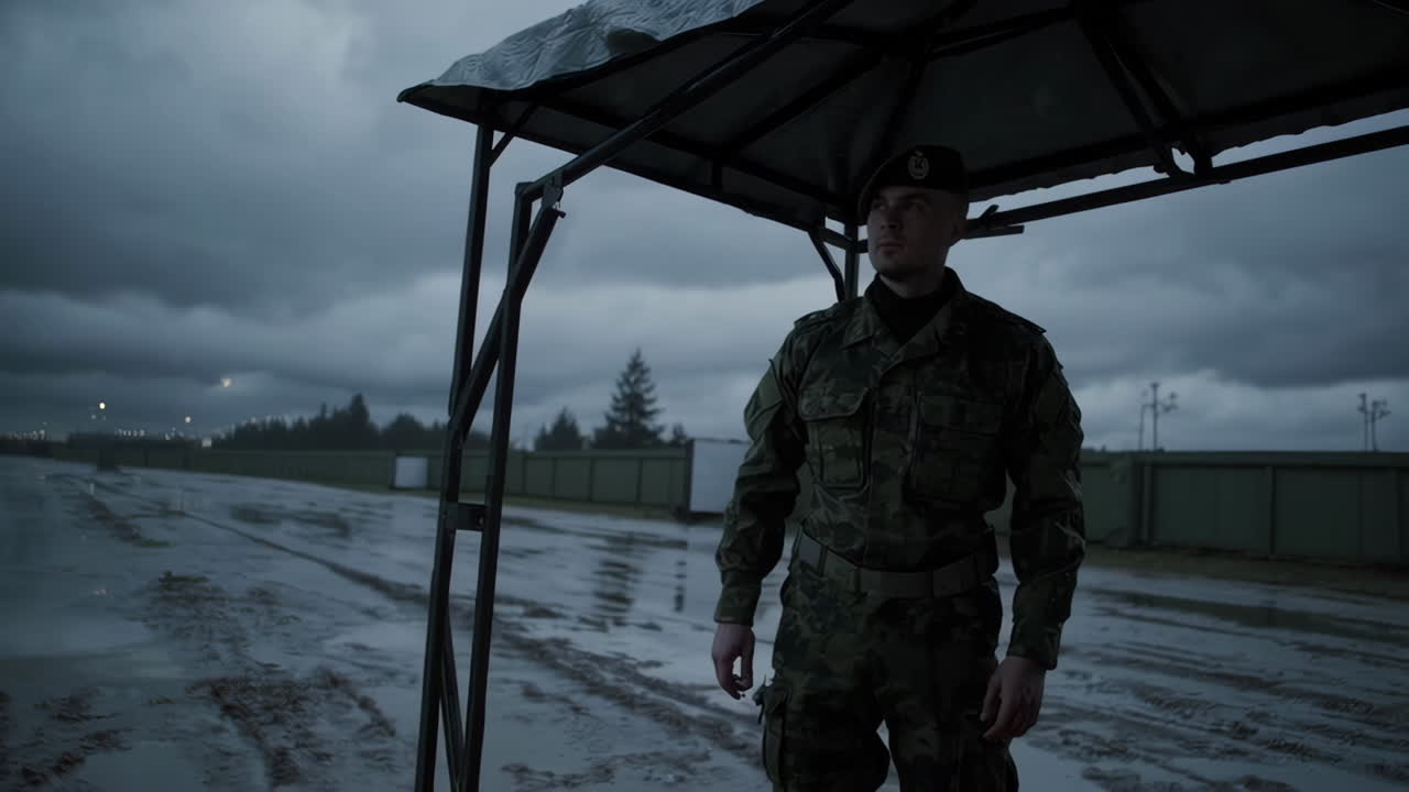 Soldier Under Shelter in Rainy Weather