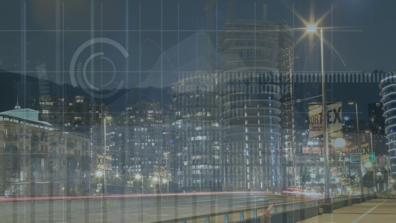 도시 풍경 위의 금융 데이터 처리 애니메이션