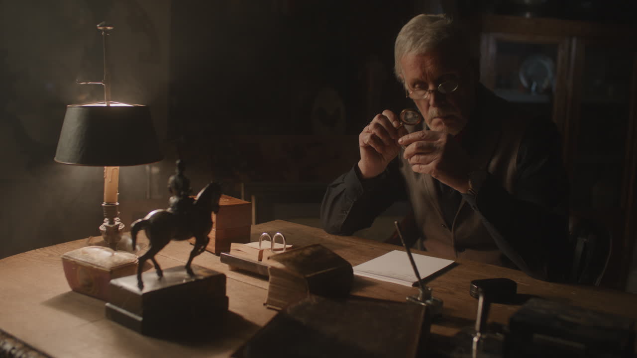 Older passionate man evaluates an old silver skull watch in his office at night