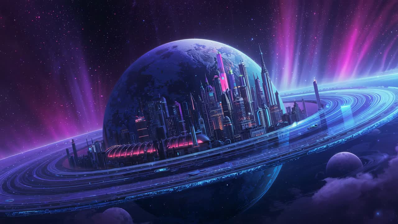 Holding camera capturing ringed planet with cityscape in space, with orbiting moon and aurora glow