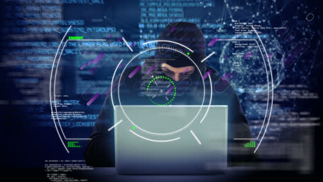 animation of scope scanning and data processing over man using tablet