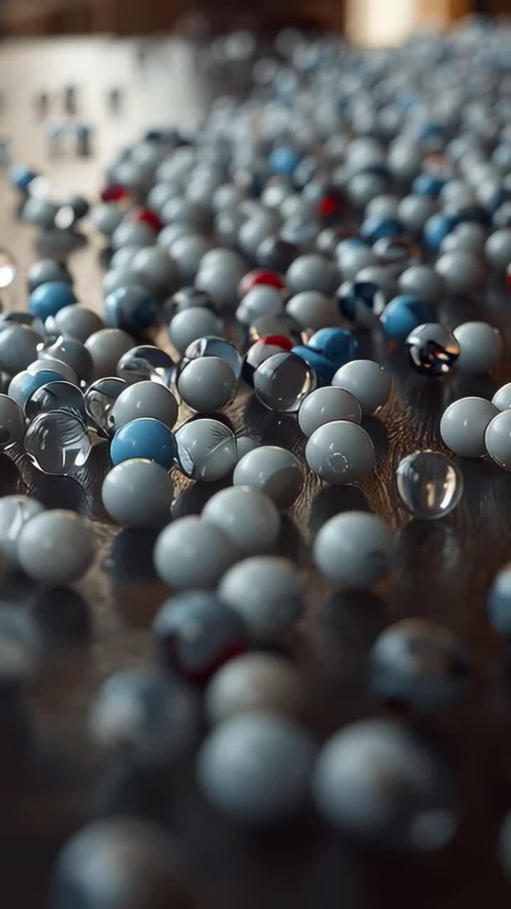 Vertical video: Pulling back camera bringing marbles on wooden tabletop into focus, revealing mug