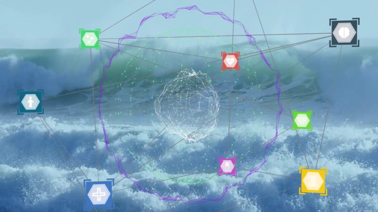 Water-sphere syncing to wave as purple ring popping icons appearing linking pulsing selecting node