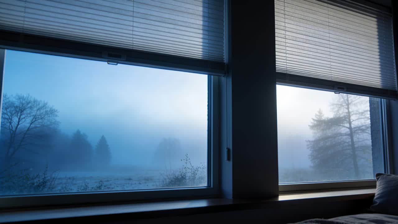 Due ampie finestre mostrano la nebbia che si dirada e la luce che sorge all'alba in camera da letto, con le tapparelle abbassate e un cuscino.