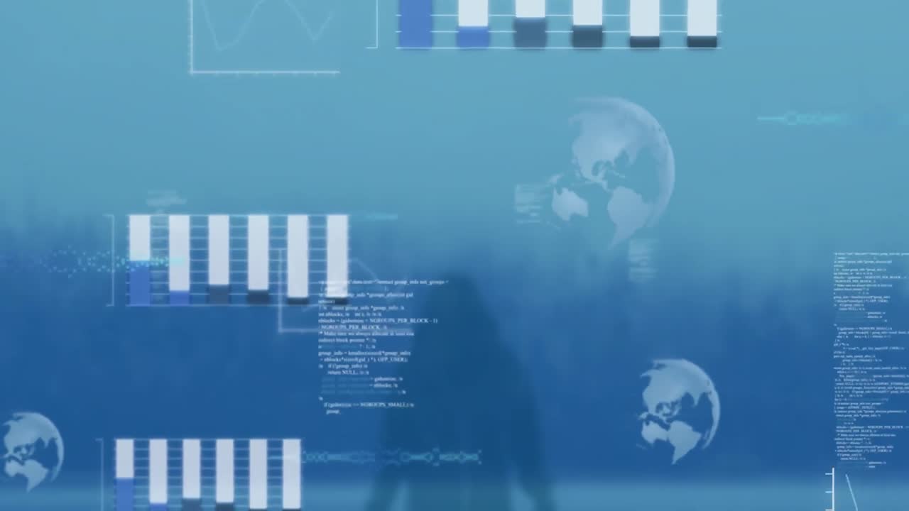 도시 풍경에 맞춰 서 있는 사람의 뒷면에서 데이터 처리의 애니메이션