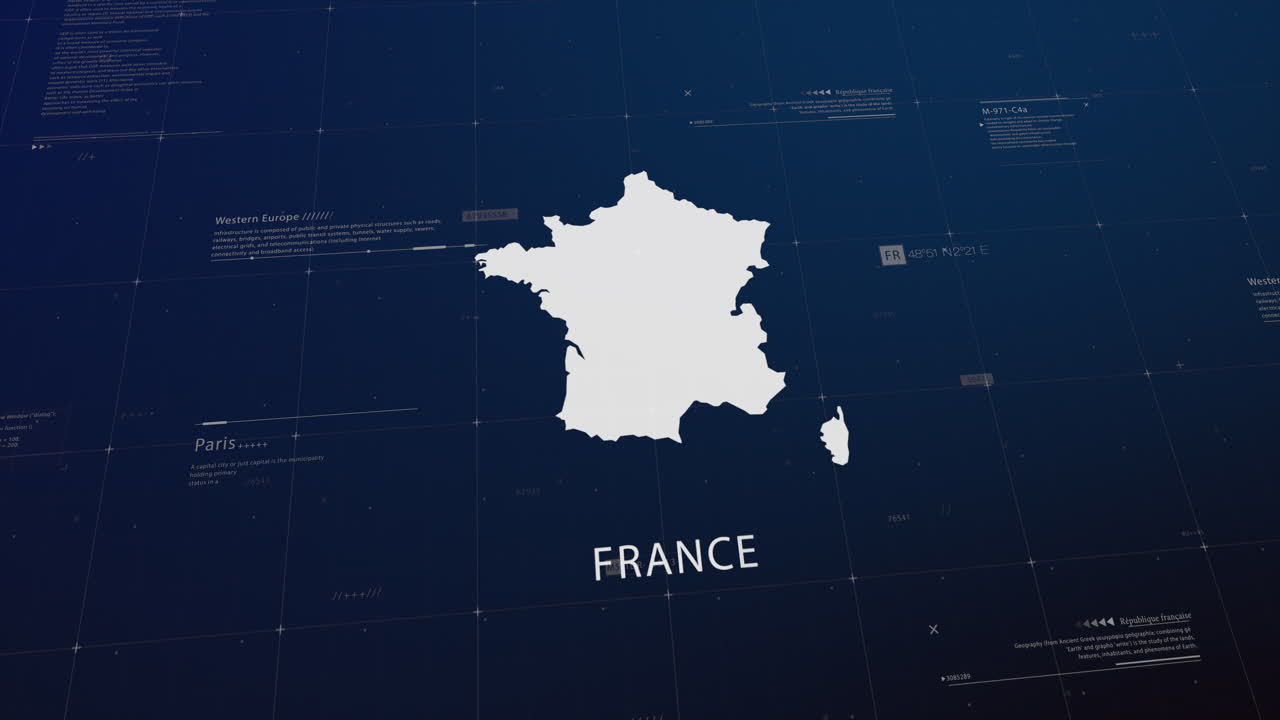 France country map comes to life with cinematic panning, unveiling key details, the capital, and slogan, providing an engaging background for corporate and commercial use