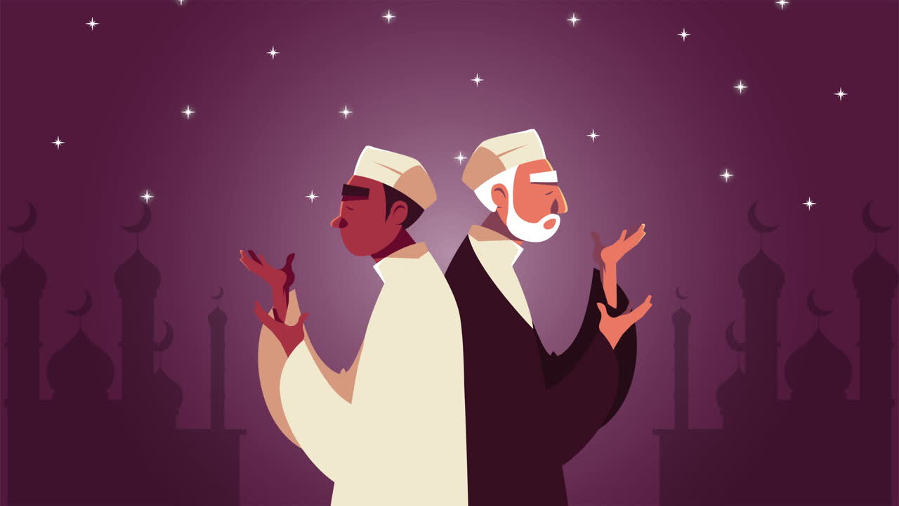 밤에 기도하는 무슬림 남자들과 함께 라마단 카림 애니메이션